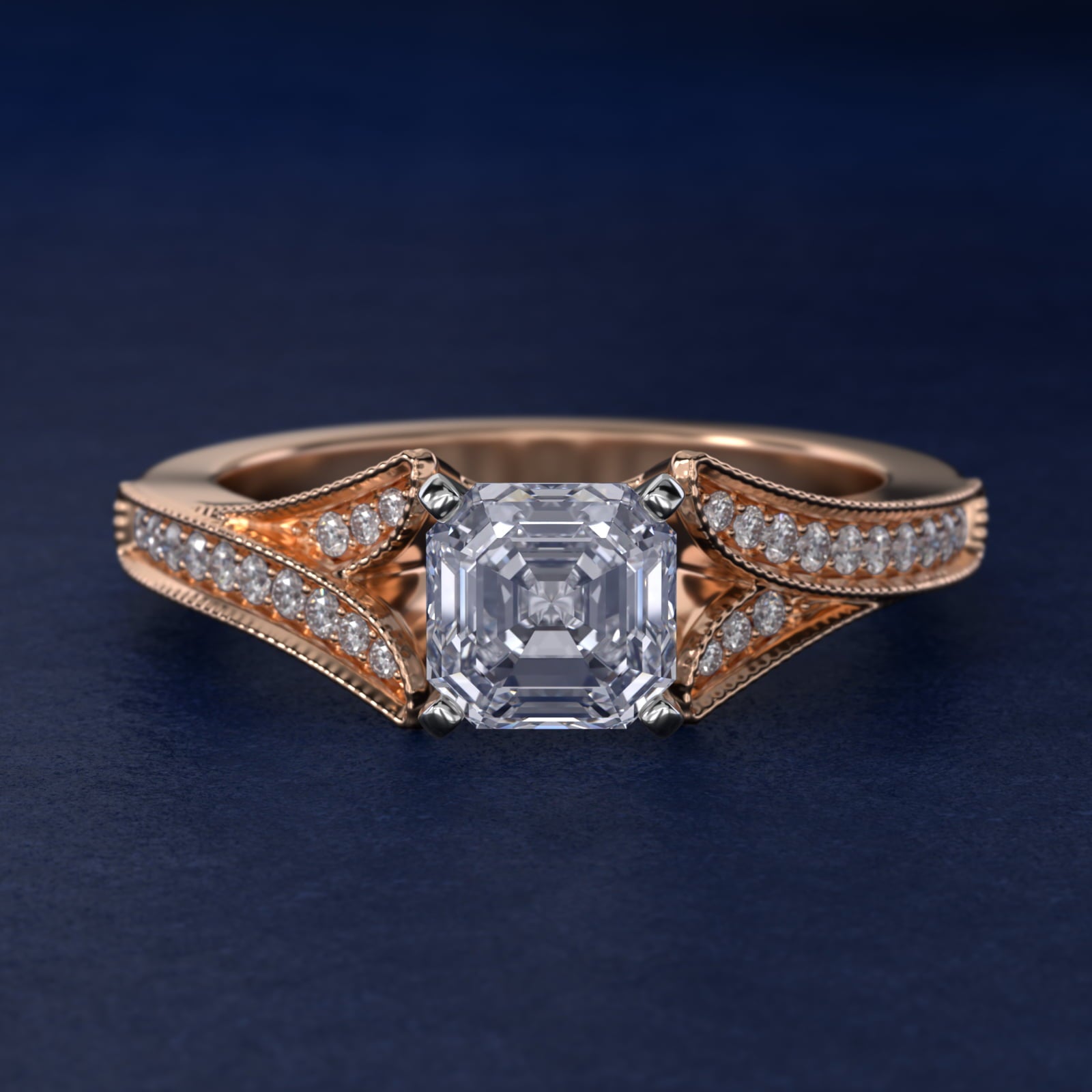 Milgrain and Pavé V-Shank Asscher Diamond Engagement Ring