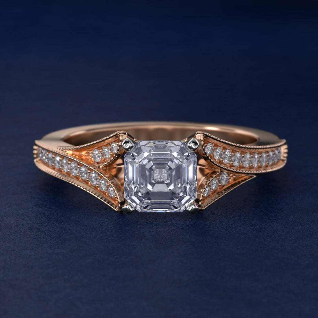 Milgrain and Pavé V-Shank Asscher Diamond Engagement Ring