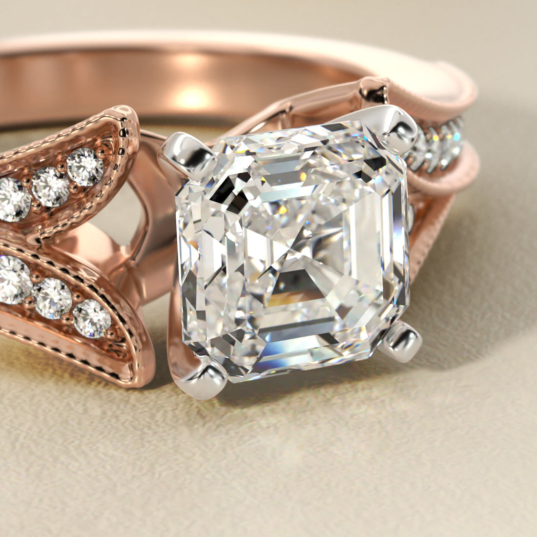 Milgrain and Pavé V-Shank Asscher Diamond Engagement Ring
