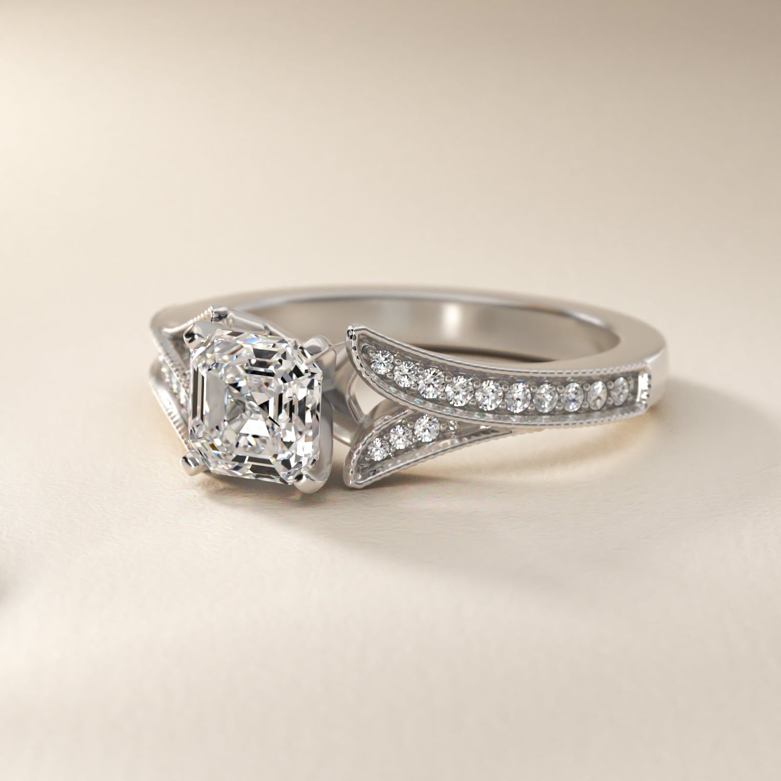 Milgrain and Pavé V-Shank Asscher Diamond Engagement Ring