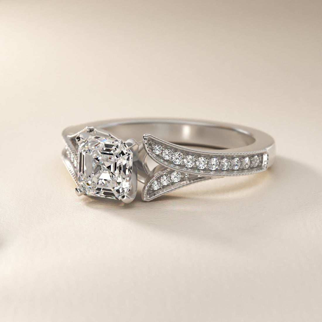 Milgrain and Pavé V-Shank Asscher Diamond Engagement Ring