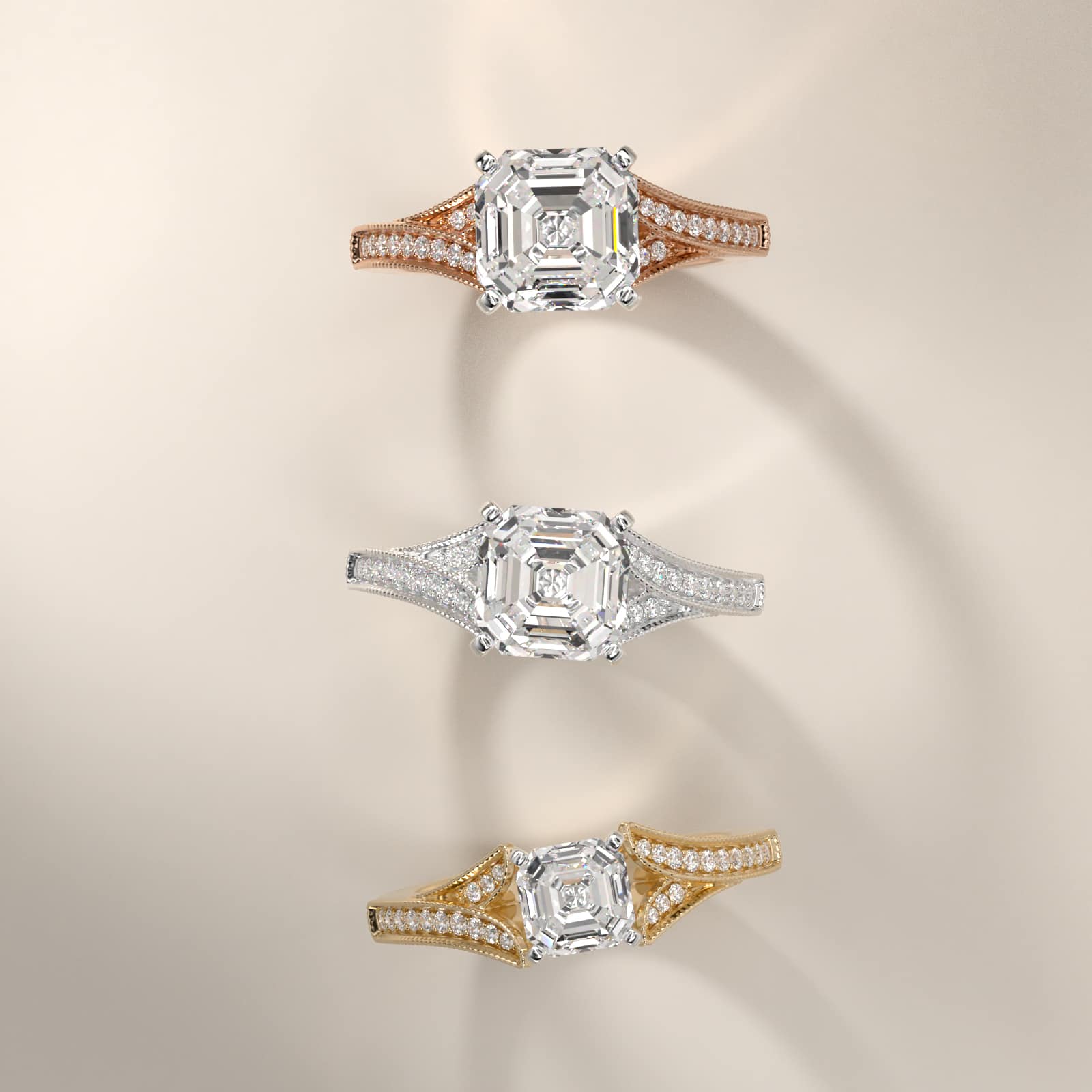 Milgrain and Pavé V-Shank Asscher Diamond Engagement Ring