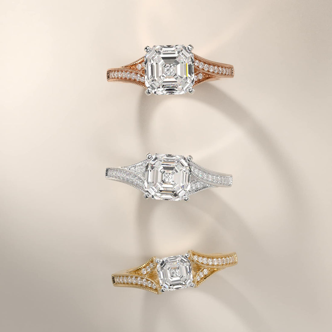 Milgrain and Pavé V-Shank Asscher Diamond Engagement Ring