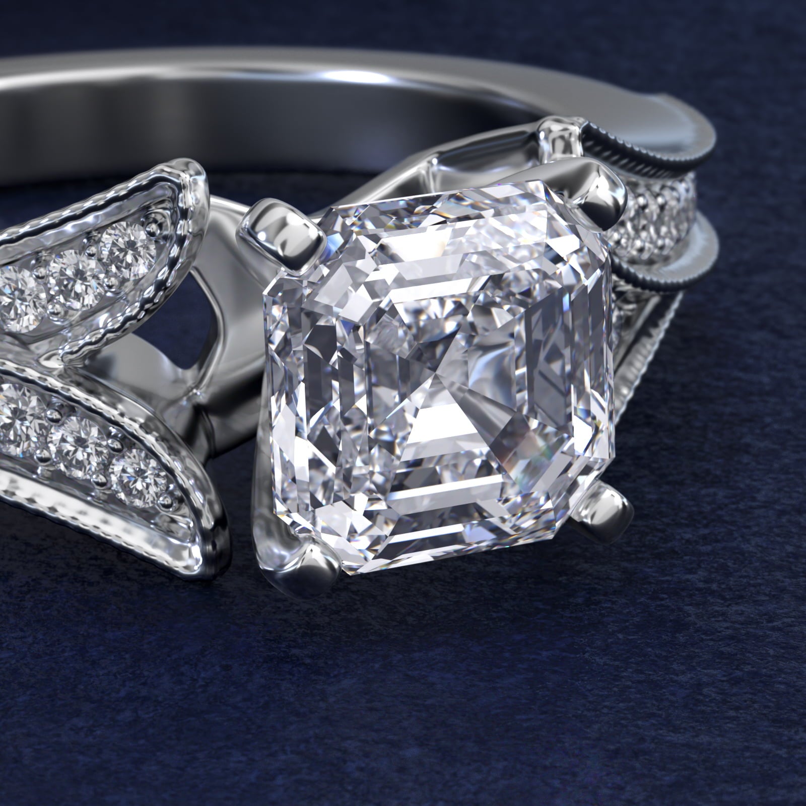 Milgrain and Pavé V-Shank Asscher Diamond Engagement Ring