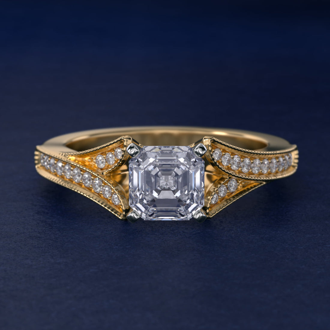 Milgrain and Pavé V-Shank Asscher Diamond Engagement Ring