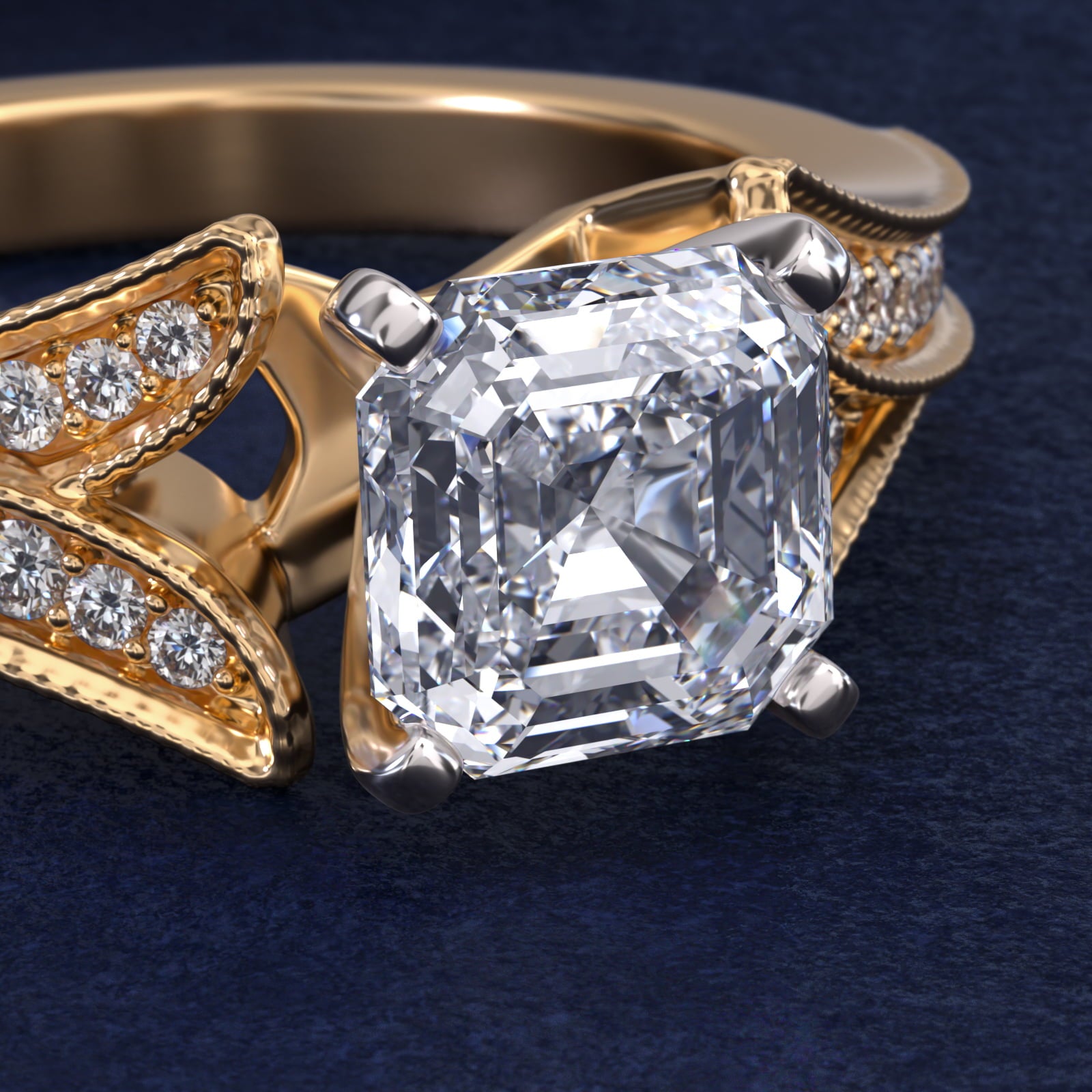 Milgrain and Pavé V-Shank Asscher Diamond Engagement Ring