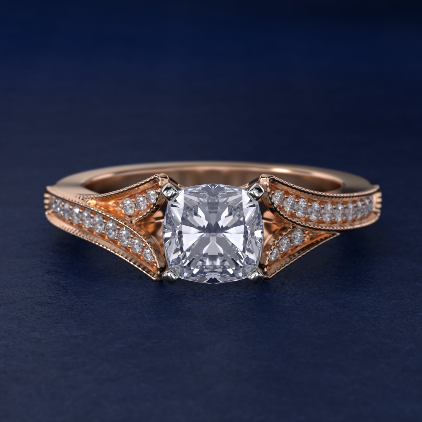 Milgrain and Pavé V-Shank Cushion Diamond Engagement Ring