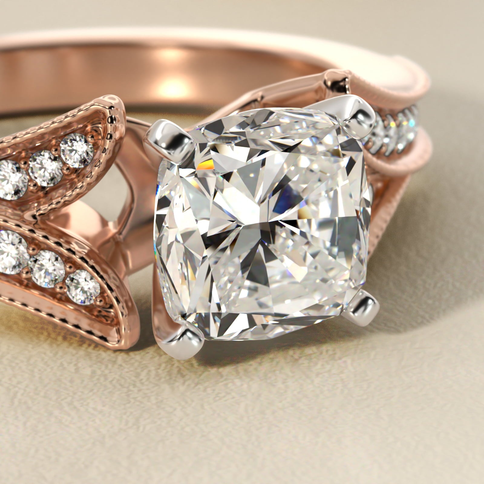 Milgrain and Pavé V-Shank Cushion Diamond Engagement Ring