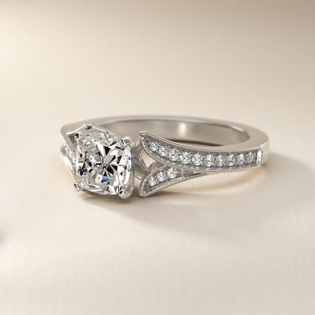 Milgrain and Pavé V-Shank Cushion Diamond Engagement Ring