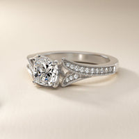 Milgrain and Pavé V-Shank Cushion Diamond Engagement Ring