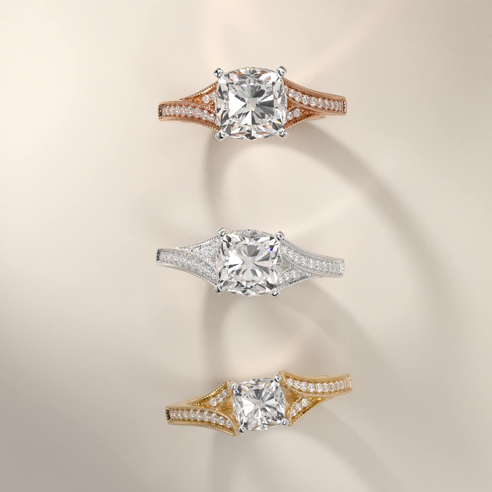 Milgrain and Pavé V-Shank Cushion Diamond Engagement Ring