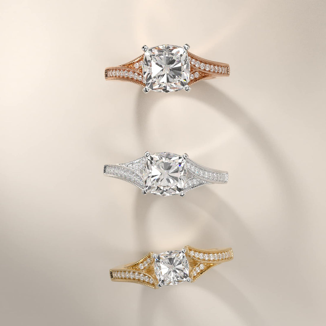 Milgrain and Pavé V-Shank Cushion Diamond Engagement Ring