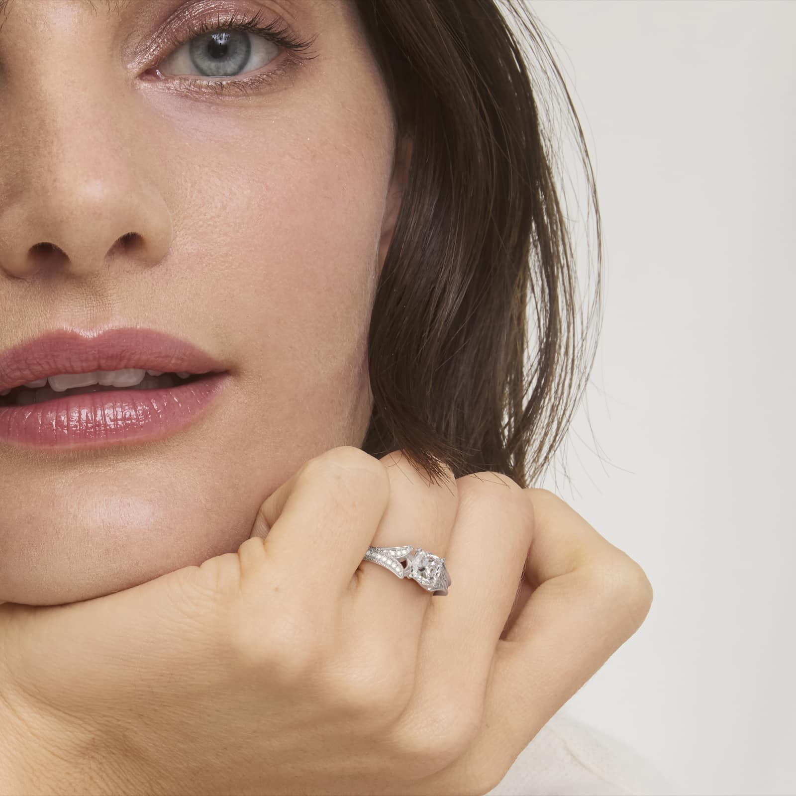 Milgrain and Pavé V-Shank Cushion Diamond Engagement Ring
