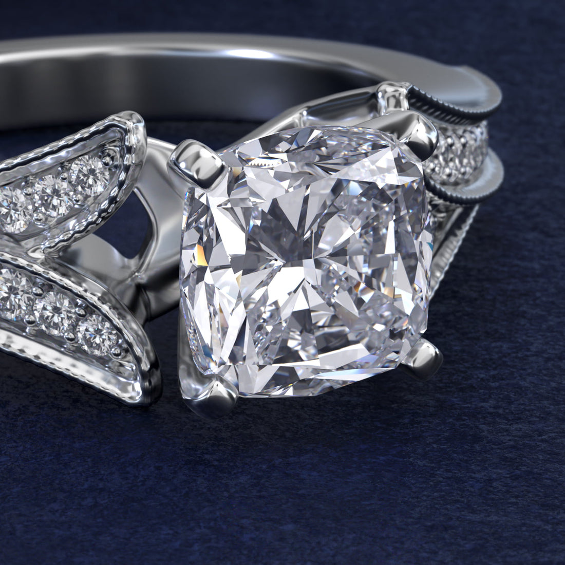 Milgrain and Pavé V-Shank Cushion Diamond Engagement Ring