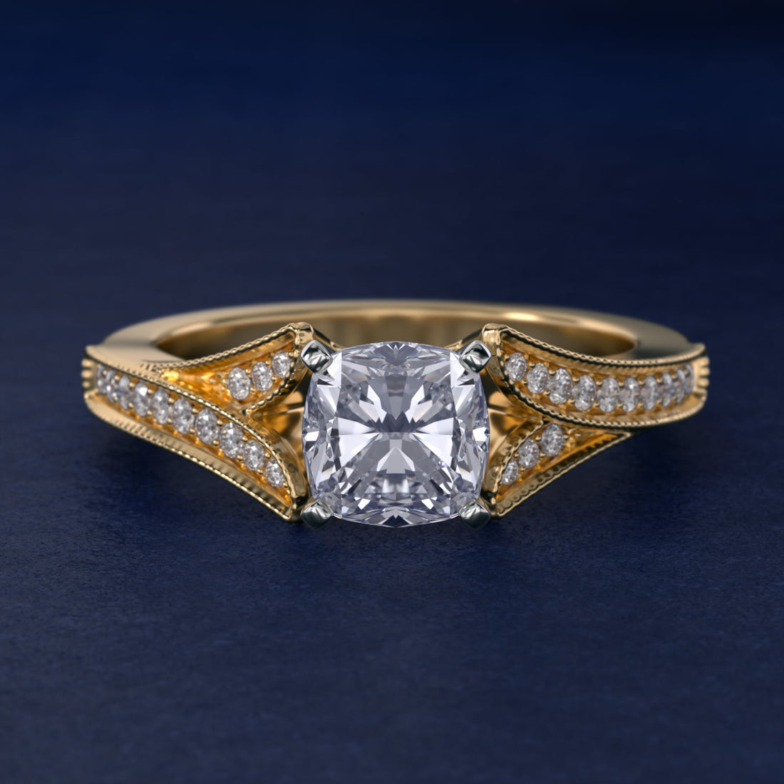 Milgrain and Pavé V-Shank Cushion Diamond Engagement Ring