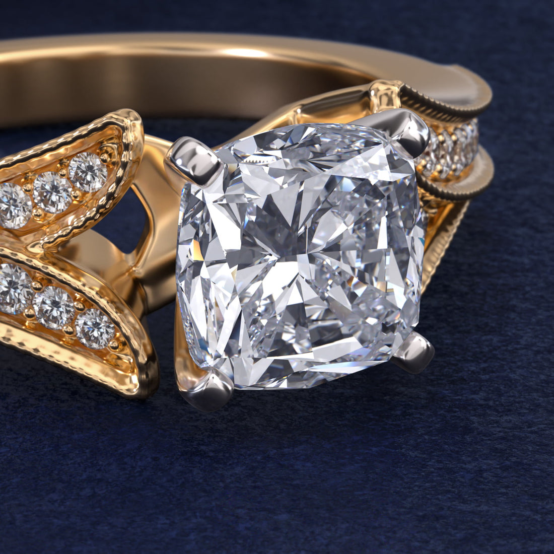 Milgrain and Pavé V-Shank Cushion Diamond Engagement Ring