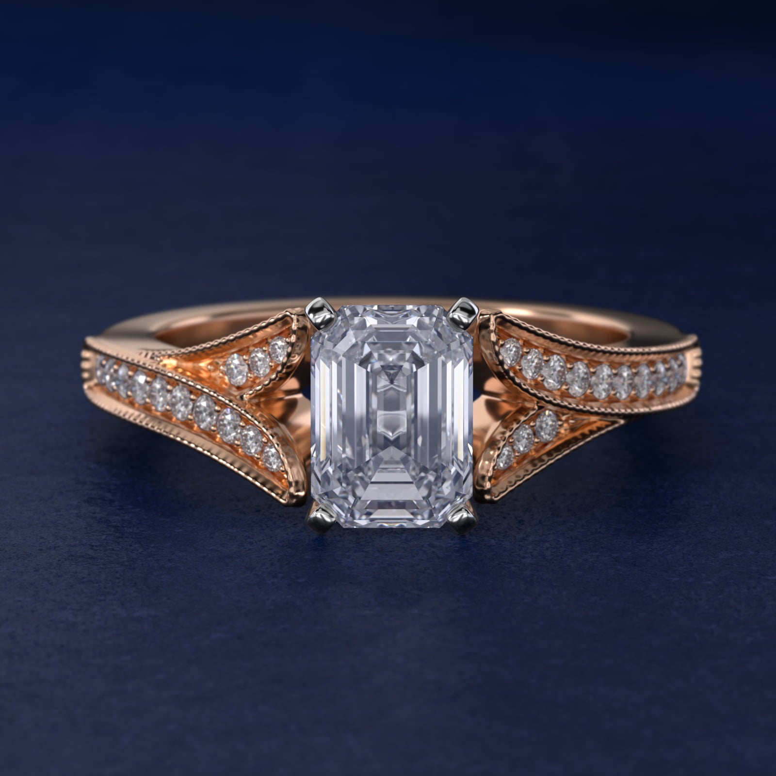 Milgrain and Pavé V-Shank Emerald Diamond Engagement Ring