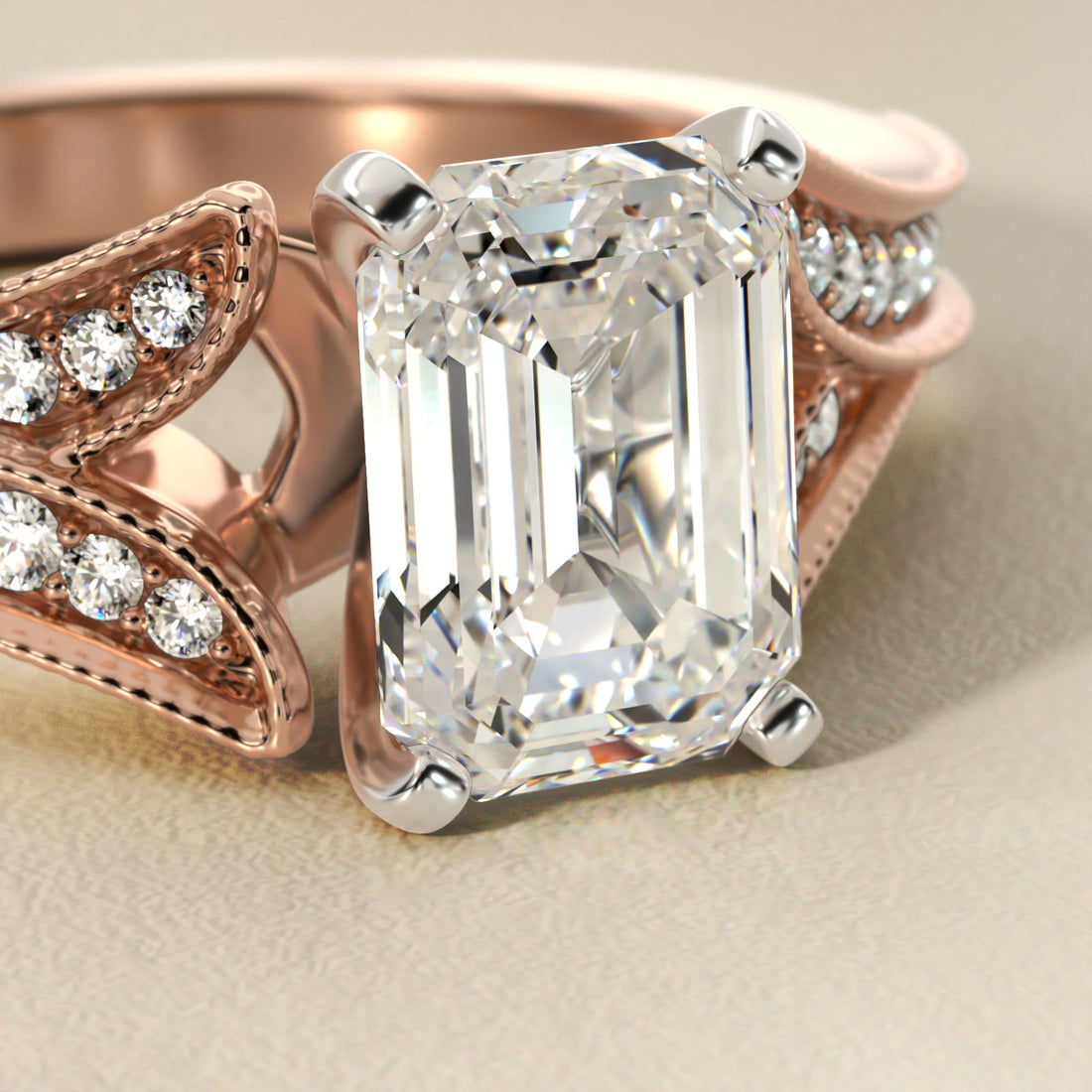 Milgrain and Pavé V-Shank Emerald Diamond Engagement Ring