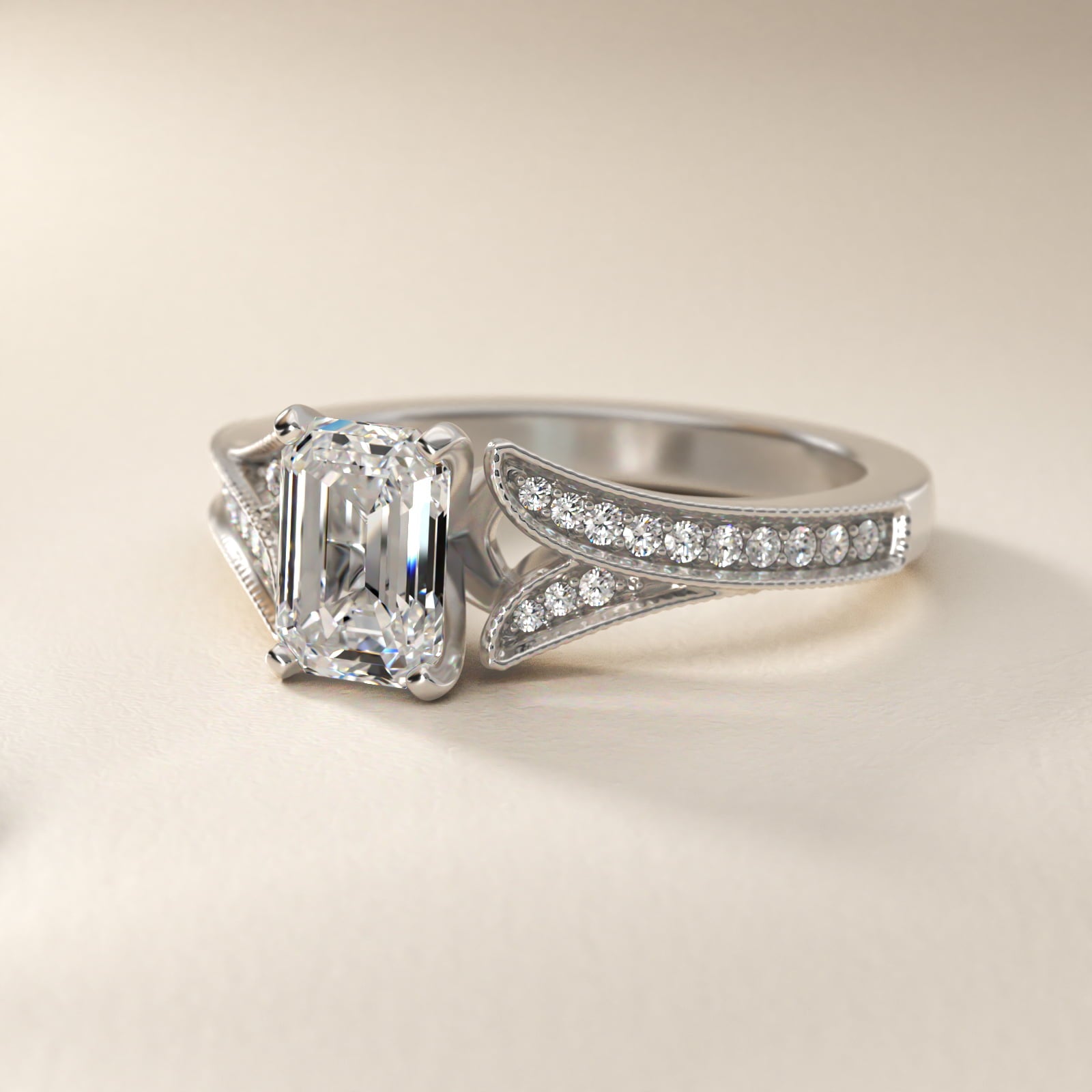 Milgrain and Pavé V-Shank Emerald Diamond Engagement Ring