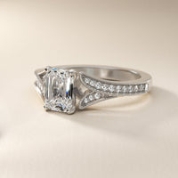Milgrain and Pavé V-Shank Emerald Diamond Engagement Ring