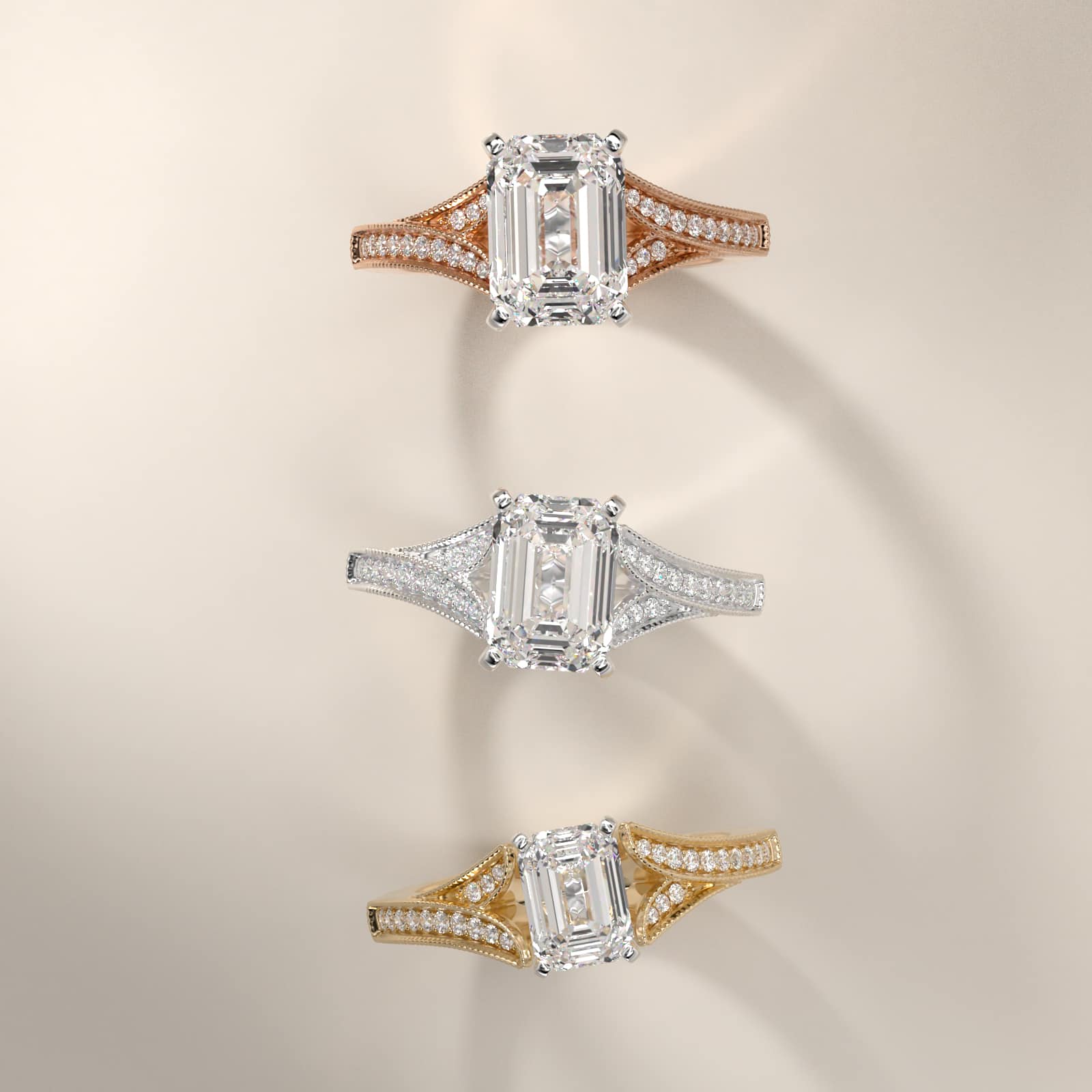 Milgrain and Pavé V-Shank Emerald Diamond Engagement Ring