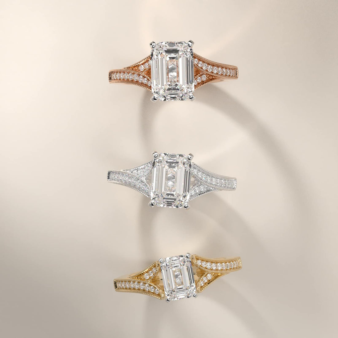 Milgrain and Pavé V-Shank Emerald Diamond Engagement Ring