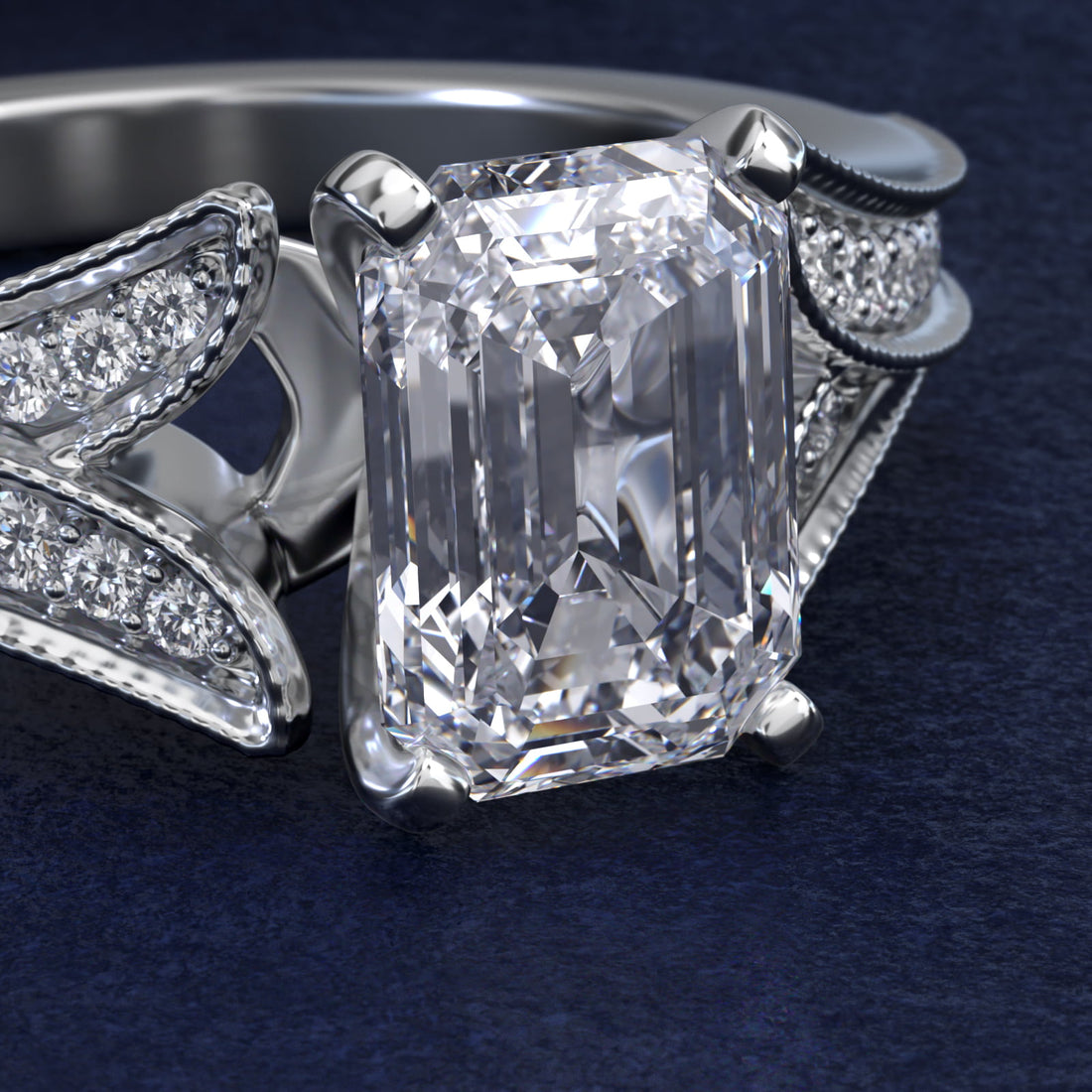 Milgrain and Pavé V-Shank Emerald Diamond Engagement Ring
