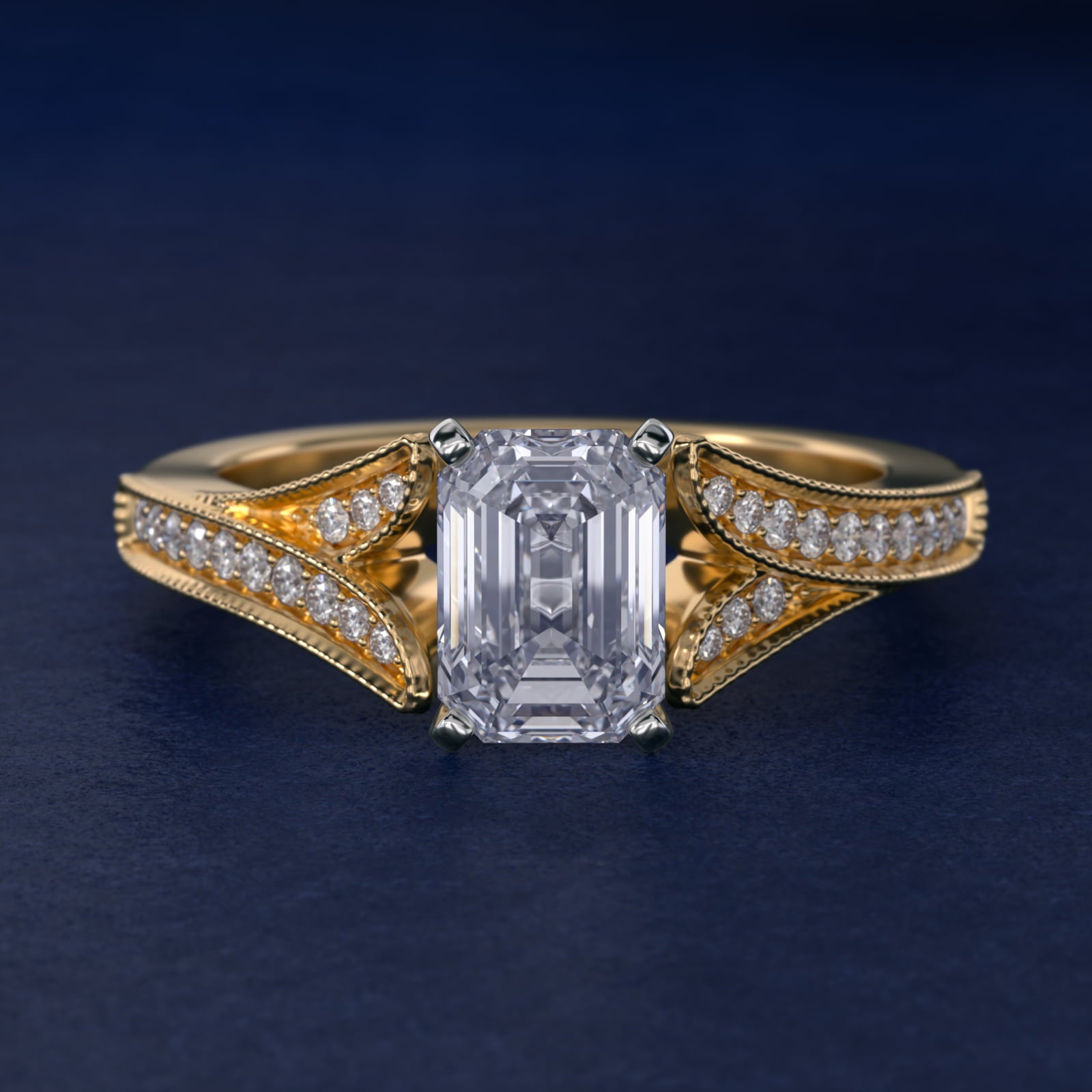 Milgrain and Pavé V-Shank Emerald Diamond Engagement Ring