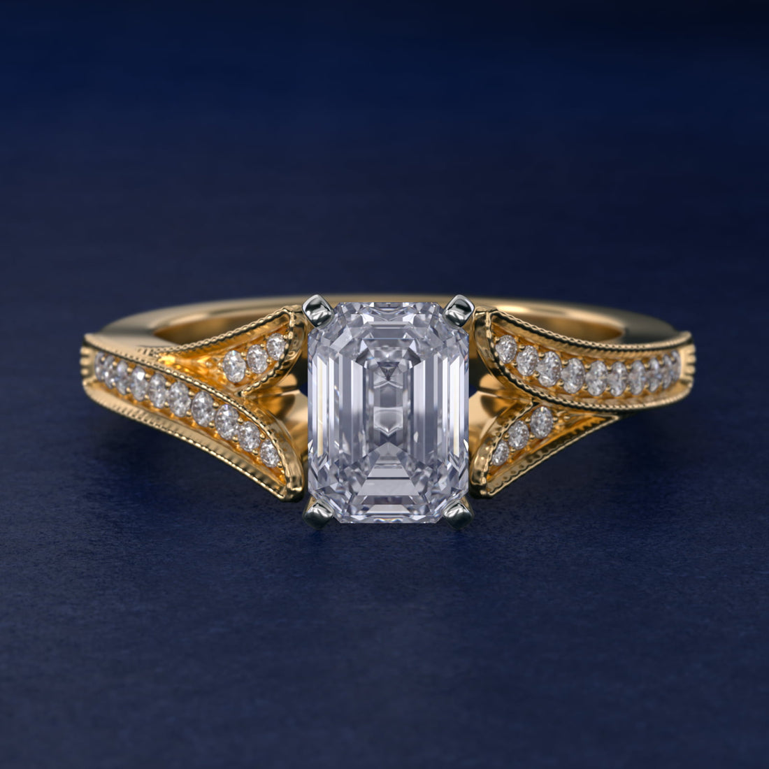 Milgrain and Pavé V-Shank Emerald Diamond Engagement Ring