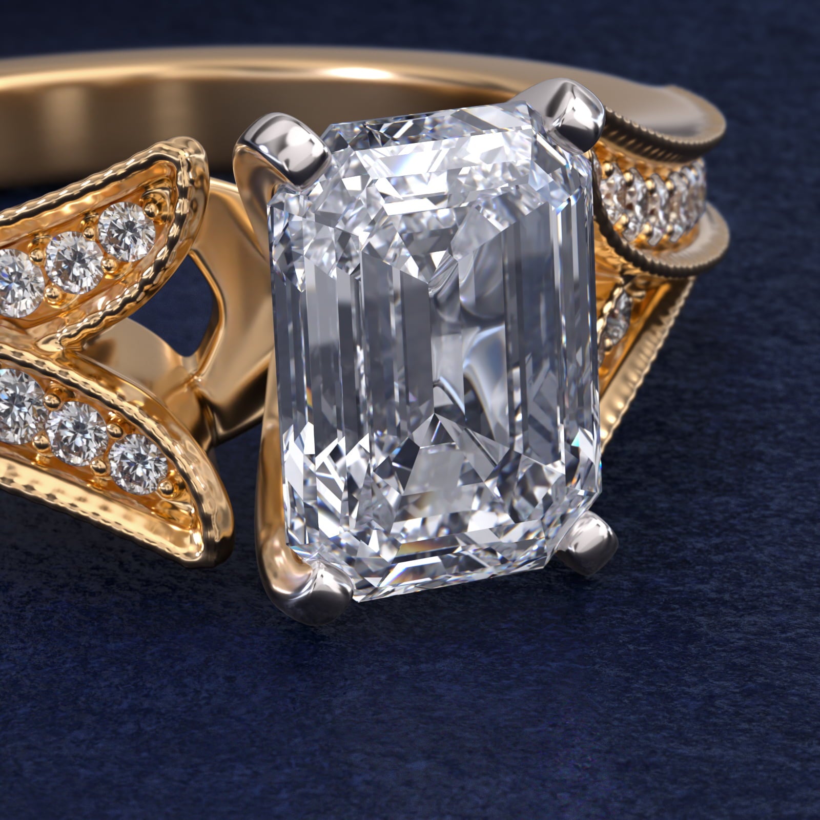 Milgrain and Pavé V-Shank Emerald Diamond Engagement Ring