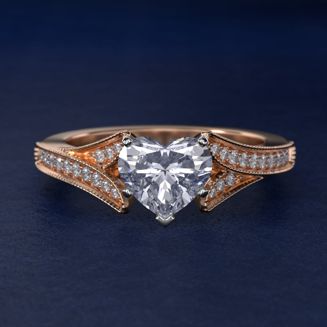 Milgrain and Pavé V-Shank Heart Diamond Engagement Ring