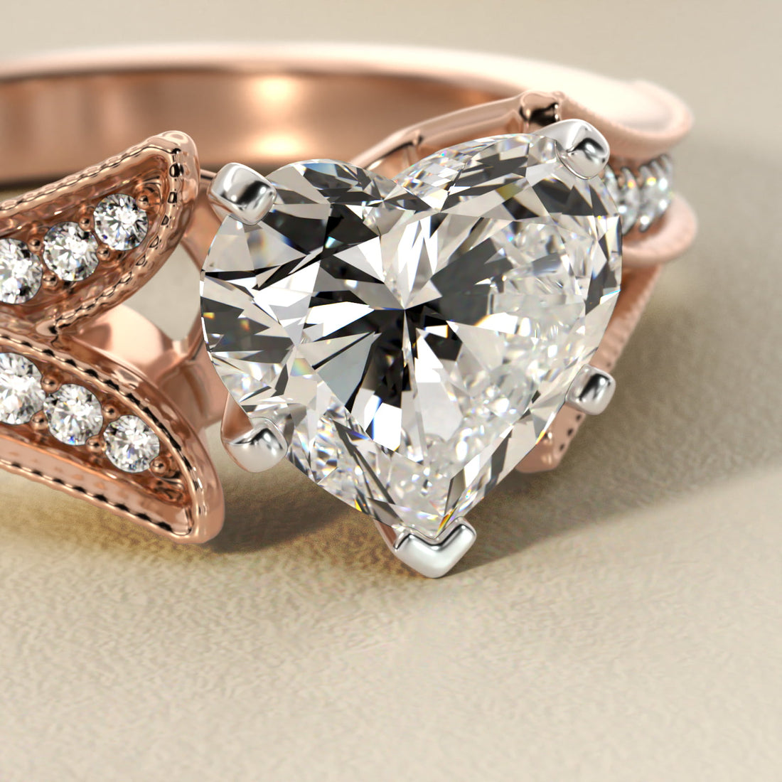 Milgrain and Pavé V-Shank Heart Diamond Engagement Ring