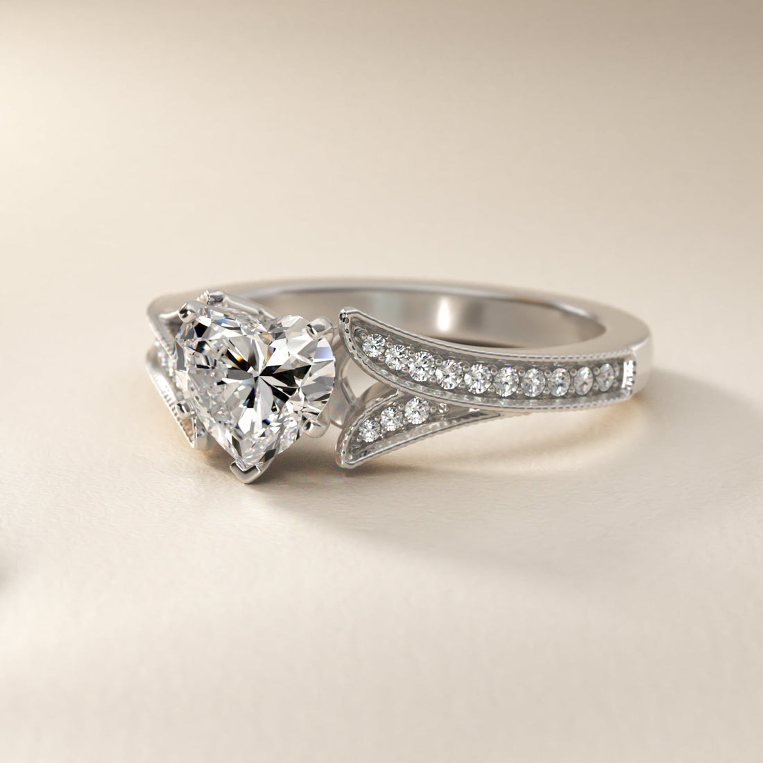 Milgrain and Pavé V-Shank Heart Diamond Engagement Ring