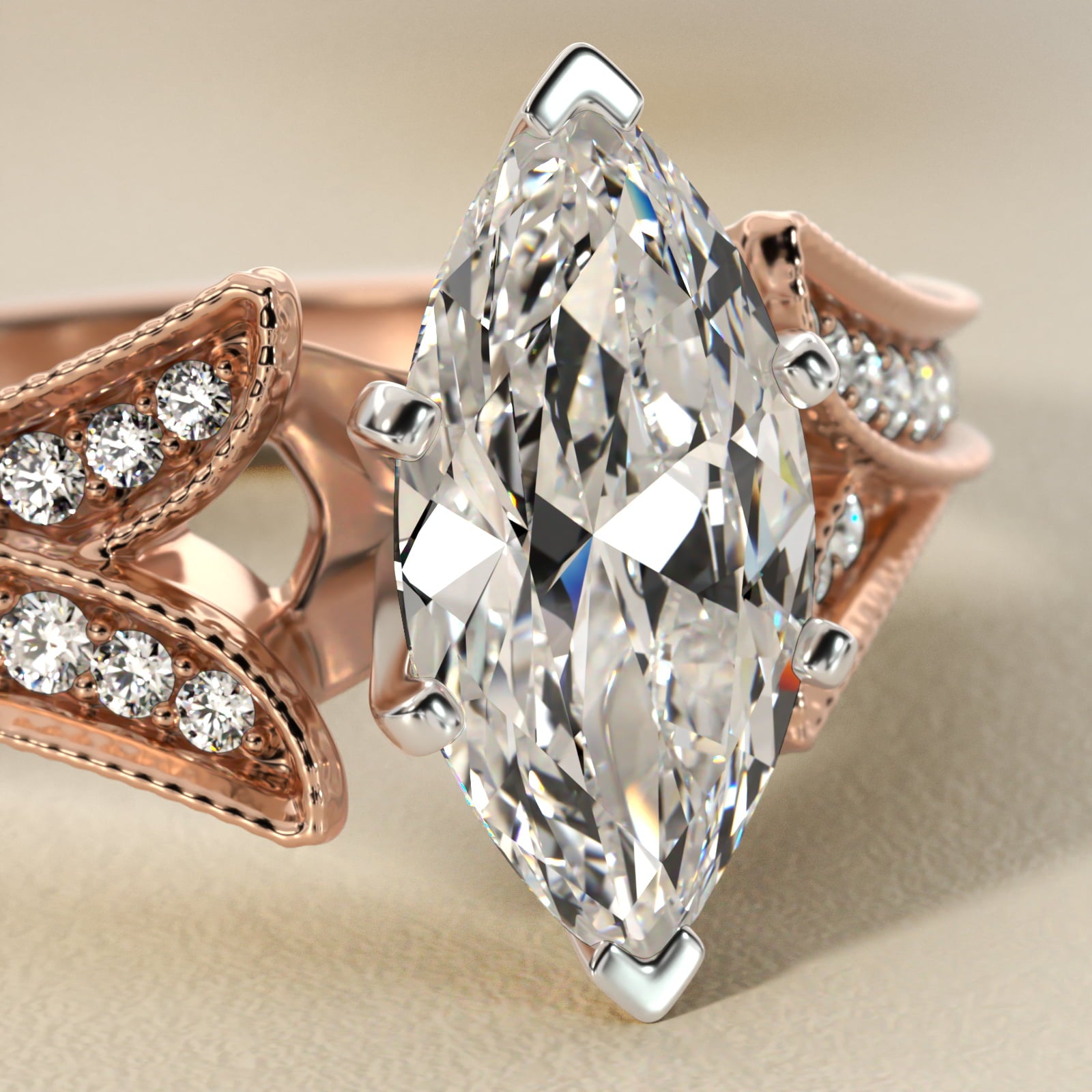 Milgrain and Pavé V-Shank Marquise Diamond Engagement Ring