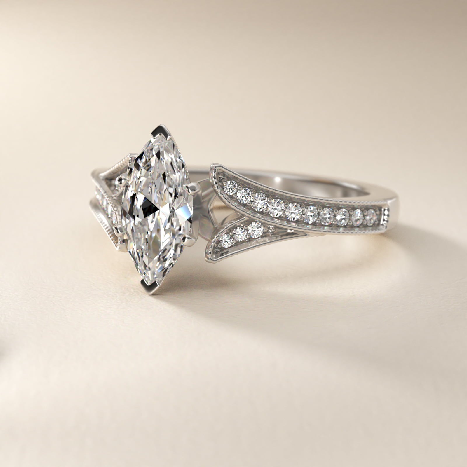 Milgrain and Pavé V-Shank Marquise Diamond Engagement Ring