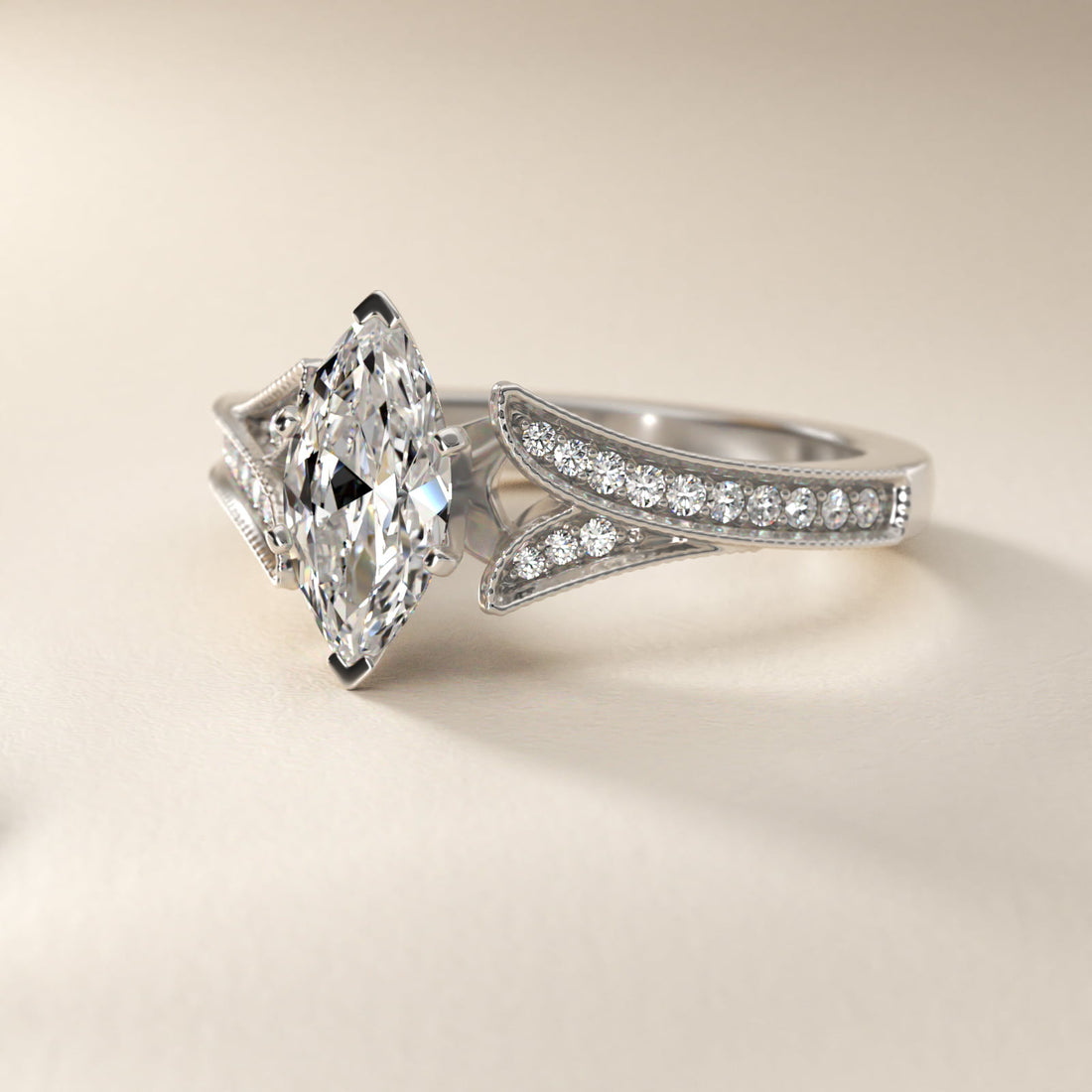 Milgrain and Pavé V-Shank Marquise Diamond Engagement Ring