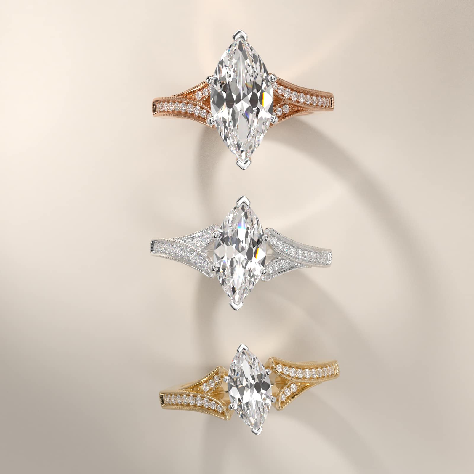 Milgrain and Pavé V-Shank Marquise Diamond Engagement Ring