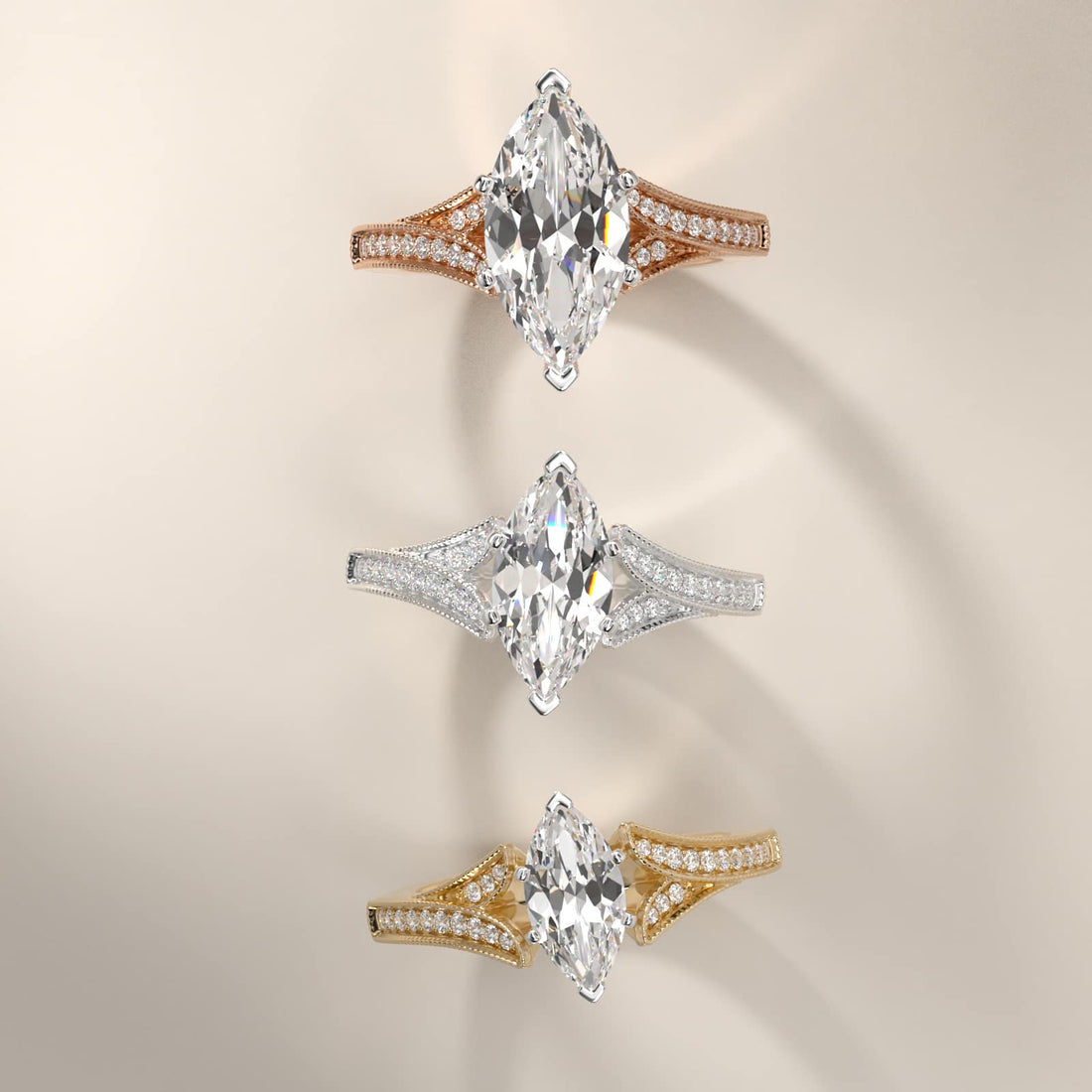 Milgrain and Pavé V-Shank Marquise Diamond Engagement Ring