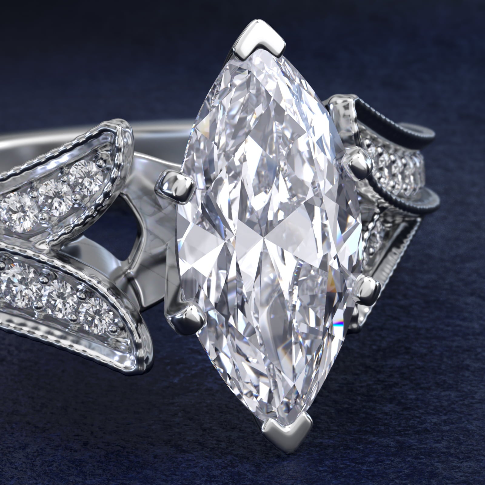 Milgrain and Pavé V-Shank Marquise Diamond Engagement Ring