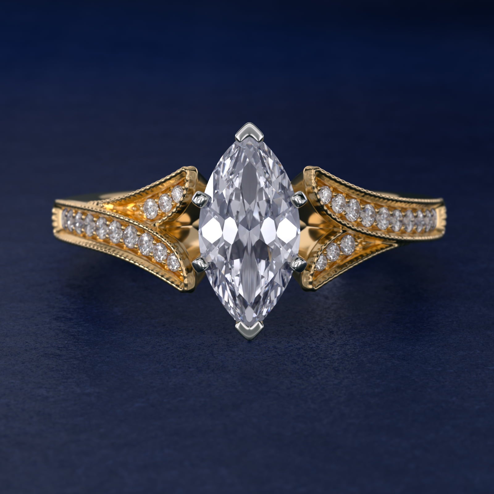 Milgrain and Pavé V-Shank Marquise Diamond Engagement Ring