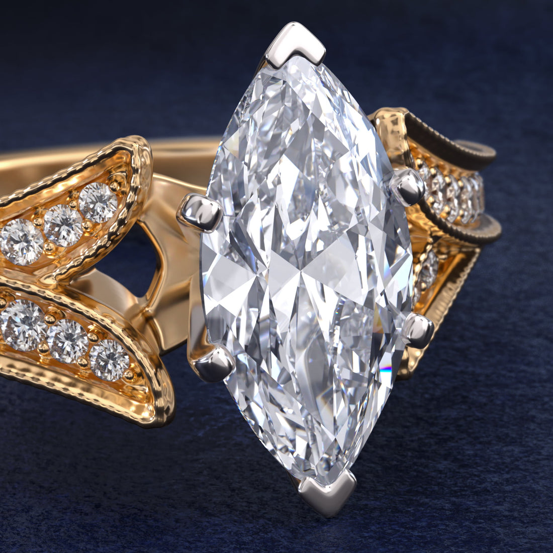 Milgrain and Pavé V-Shank Marquise Diamond Engagement Ring