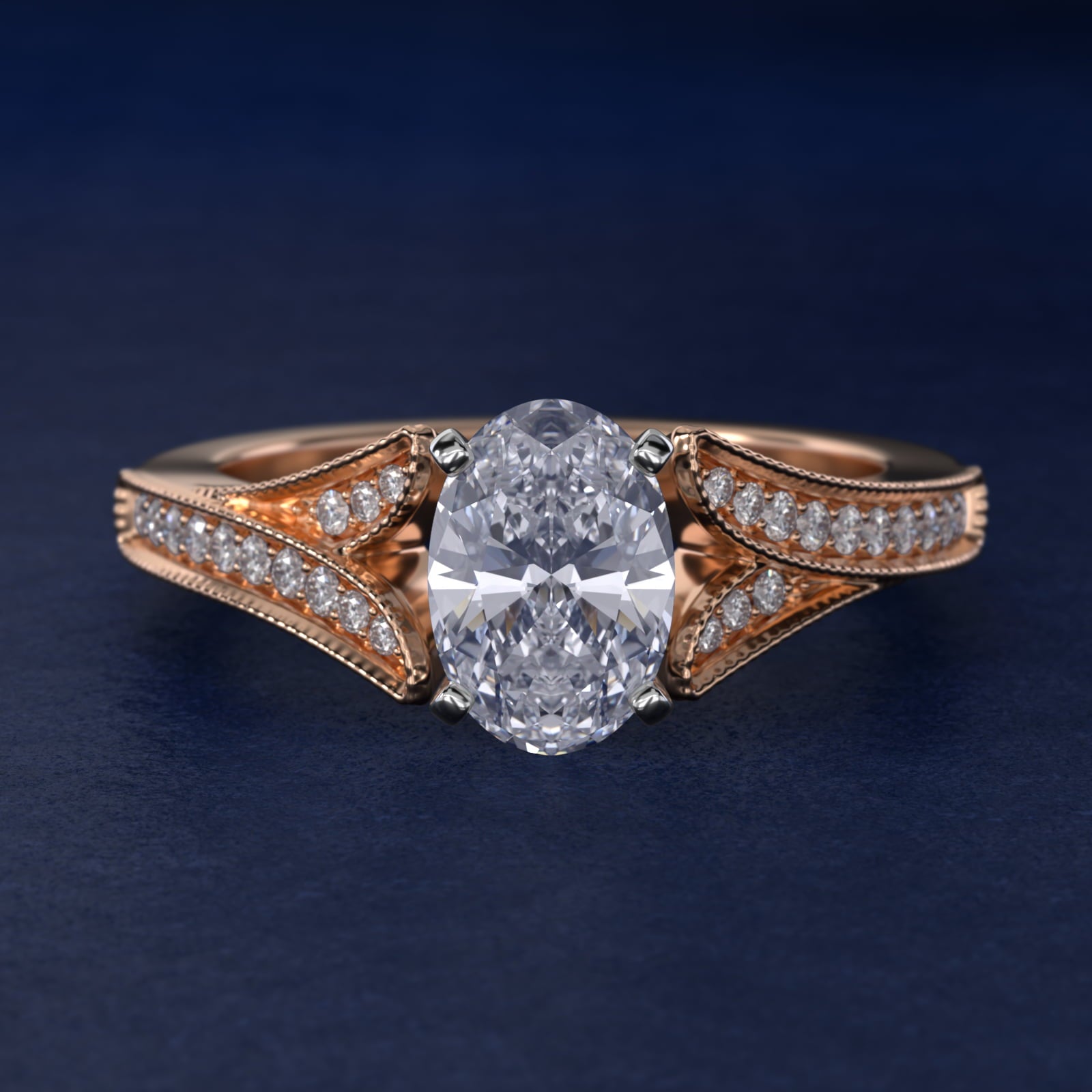 Milgrain and Pavé V-Shank Oval Diamond Engagement Ring