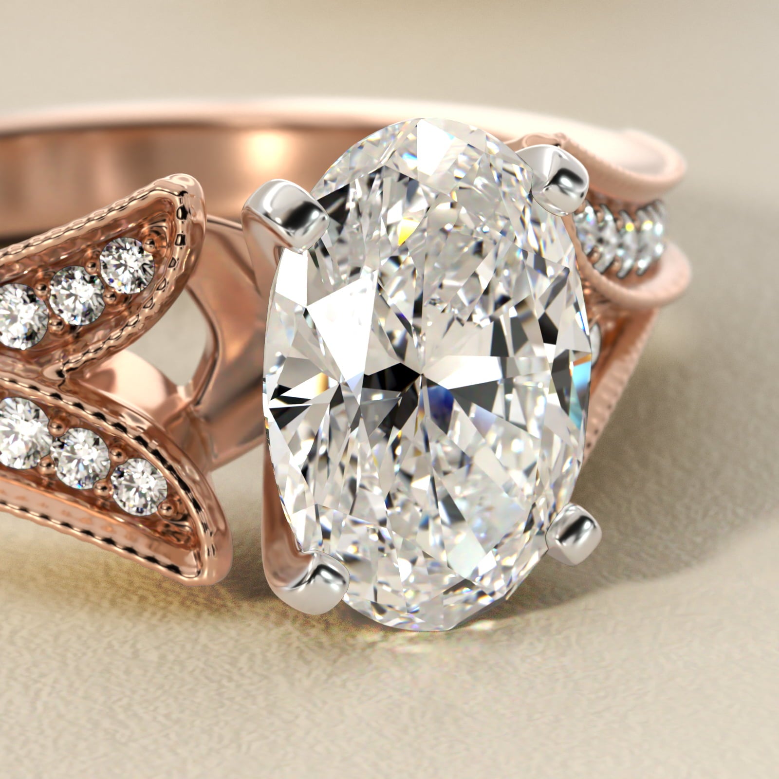 Milgrain and Pavé V-Shank Oval Diamond Engagement Ring