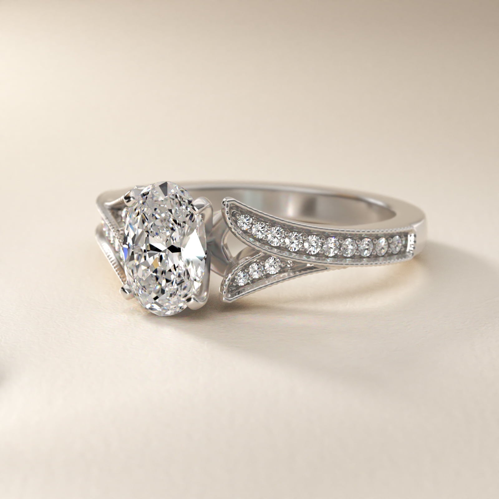 Milgrain and Pavé V-Shank Oval Diamond Engagement Ring