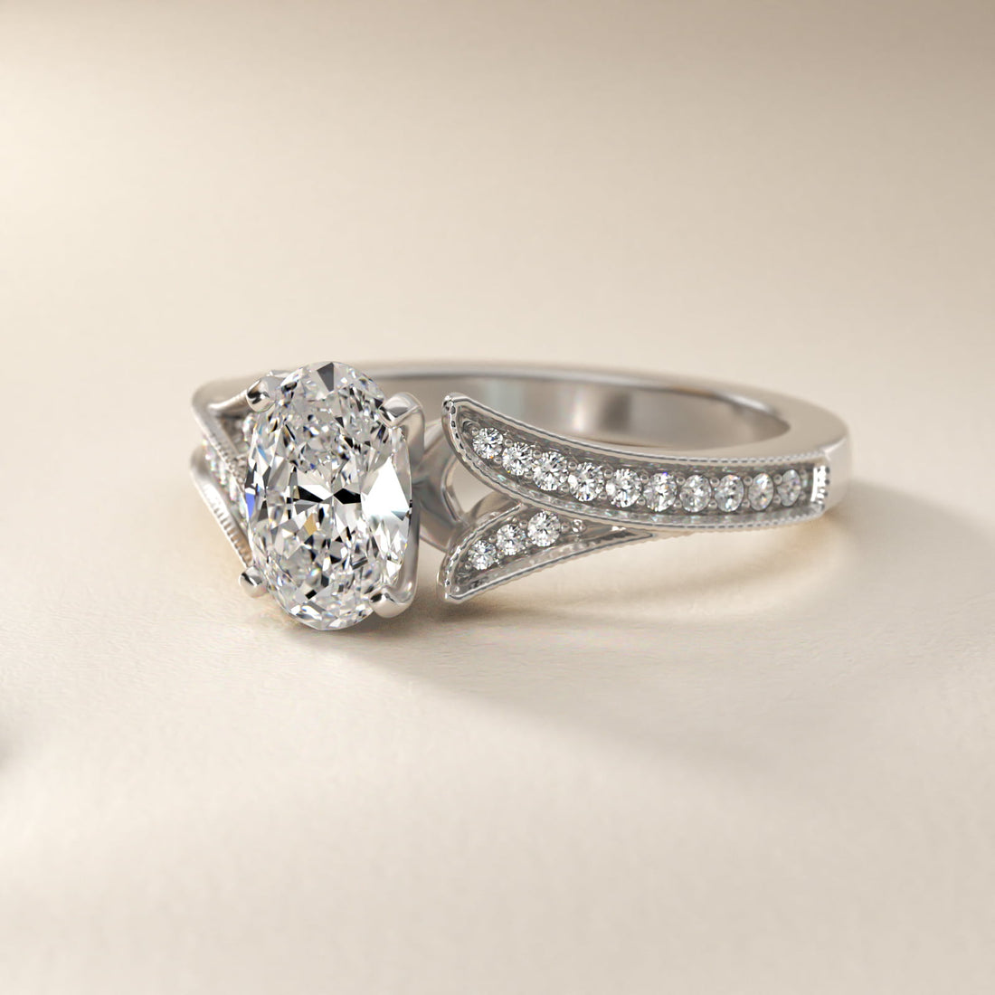 Milgrain and Pavé V-Shank Oval Diamond Engagement Ring