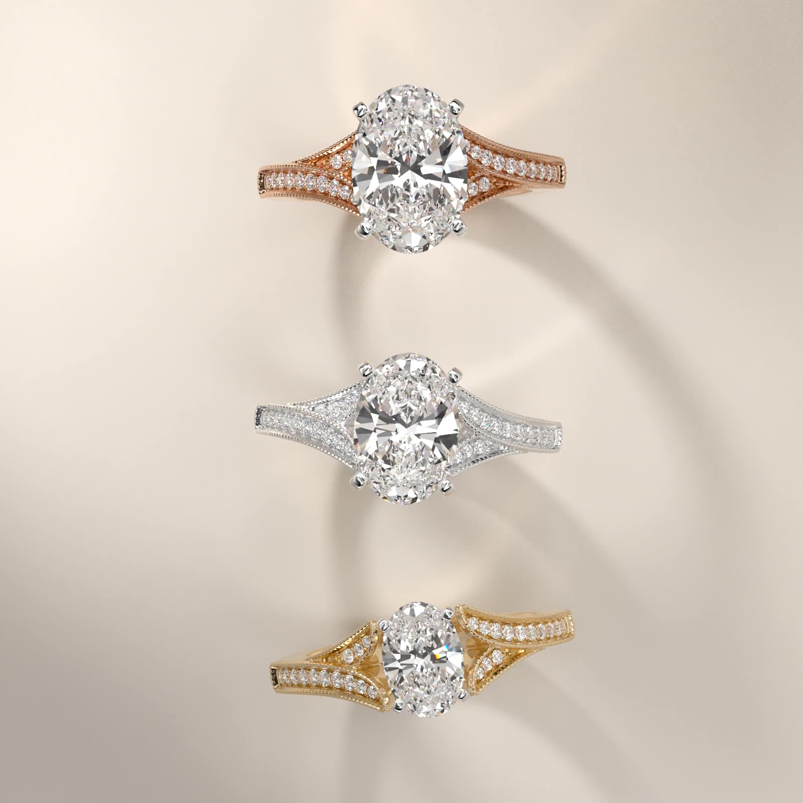 Milgrain and Pavé V-Shank Oval Diamond Engagement Ring