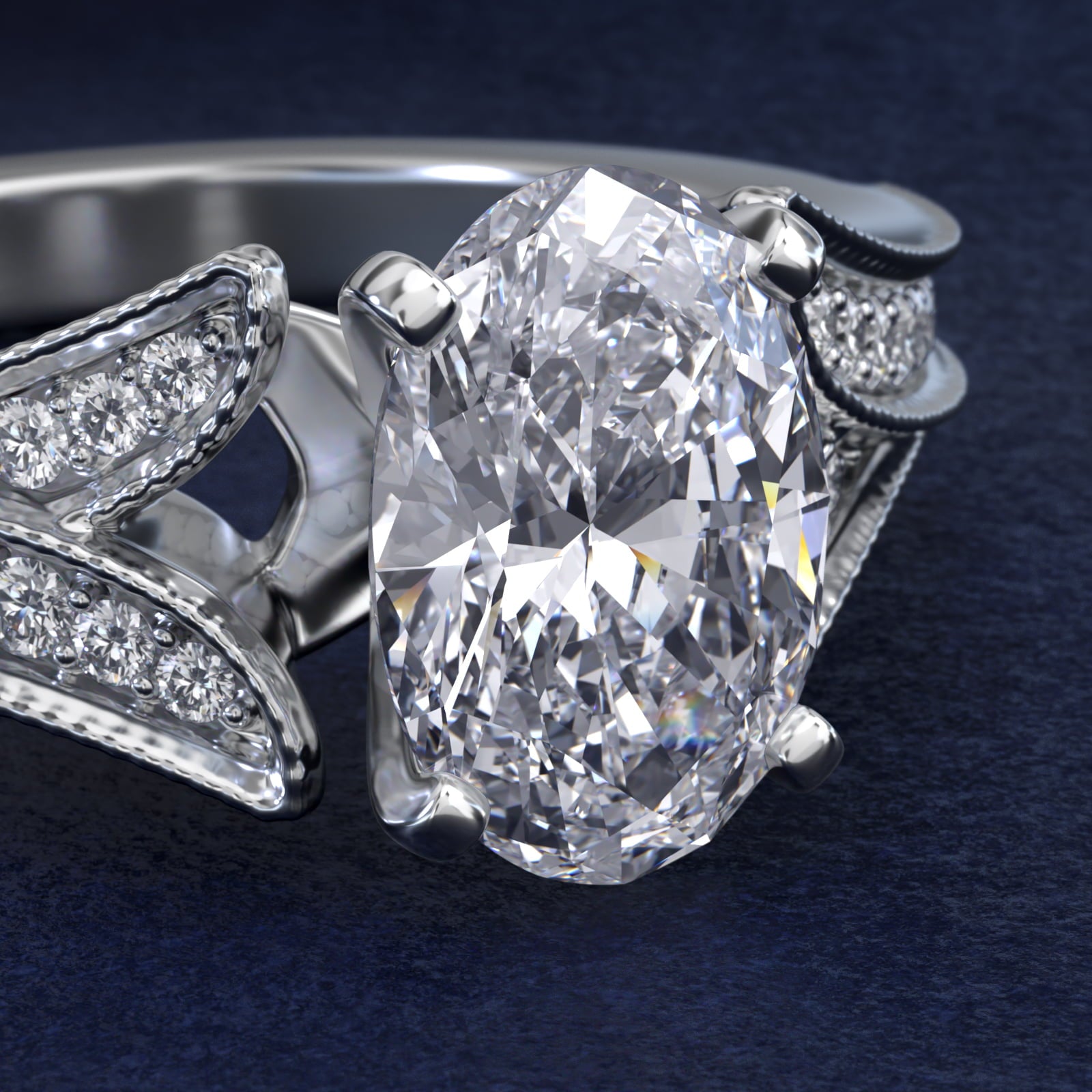 Milgrain and Pavé V-Shank Oval Diamond Engagement Ring
