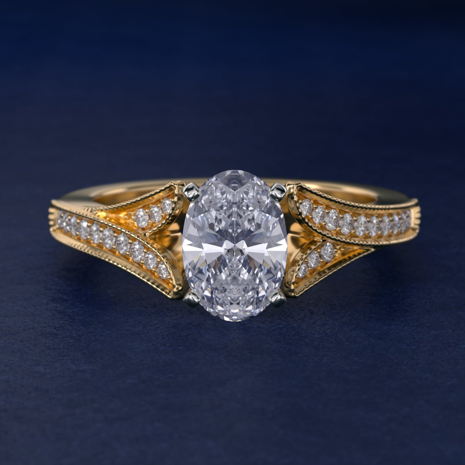 Milgrain and Pavé V-Shank Oval Diamond Engagement Ring