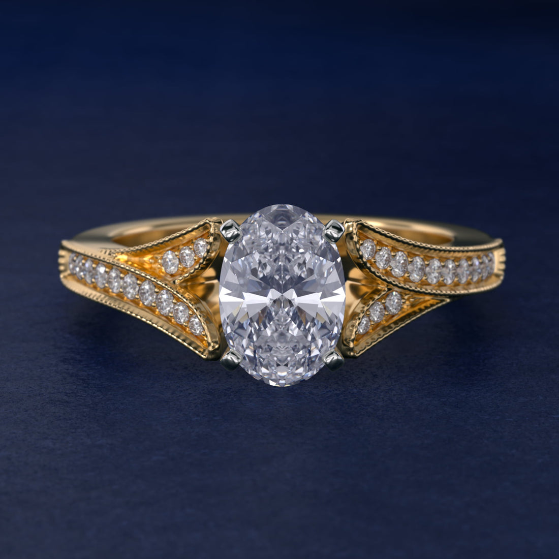 Milgrain and Pavé V-Shank Oval Diamond Engagement Ring