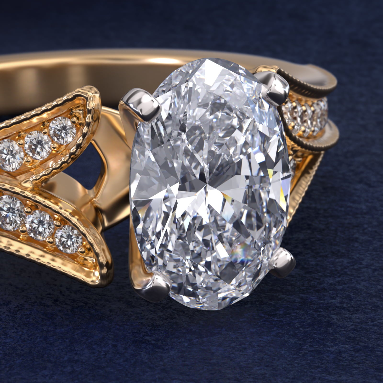 Milgrain and Pavé V-Shank Oval Diamond Engagement Ring